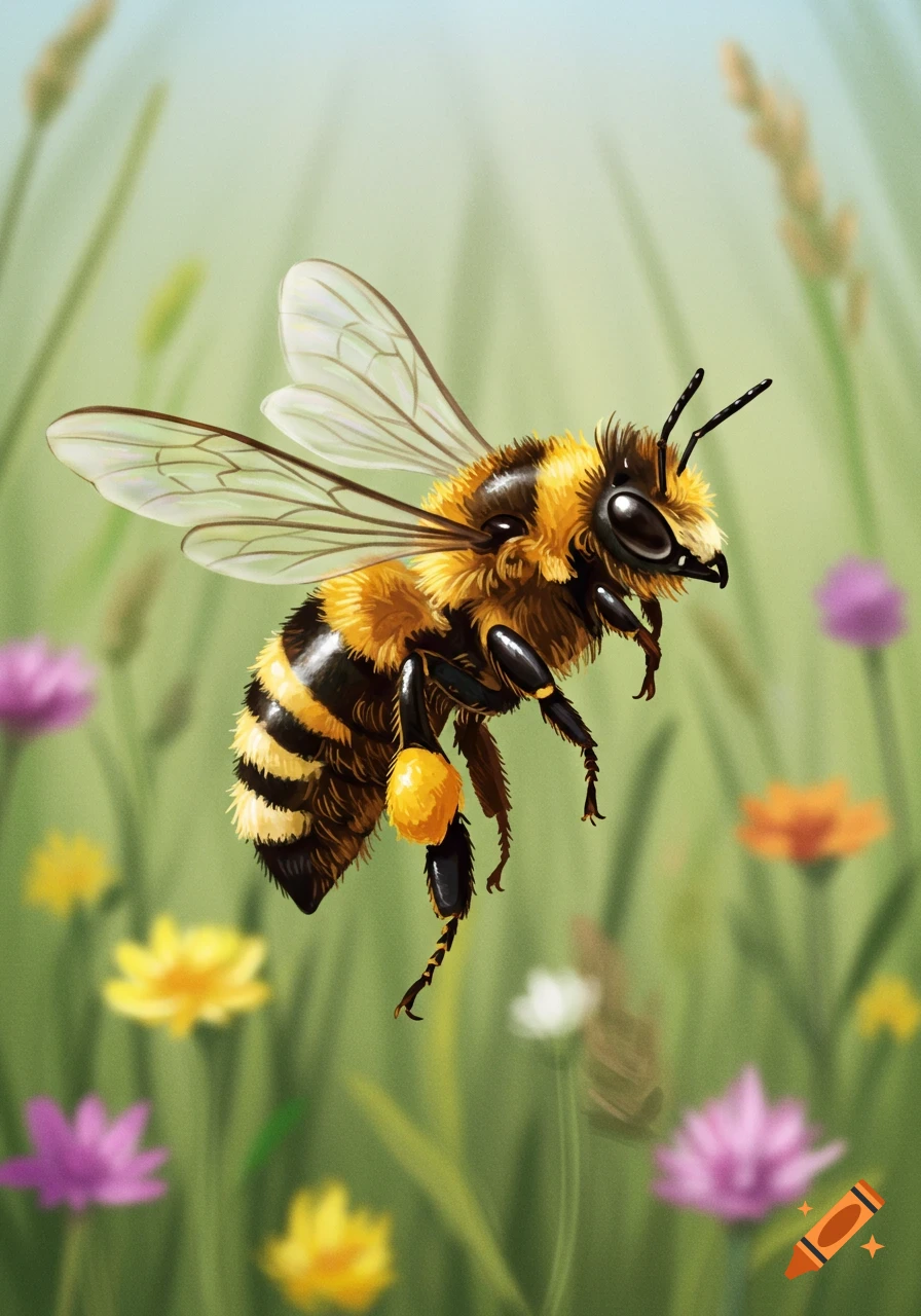 A detailed illustration of a honey bee with large transparent wings and pollen sacs, flying in a vibrant field of blurred colorful wildflowers.