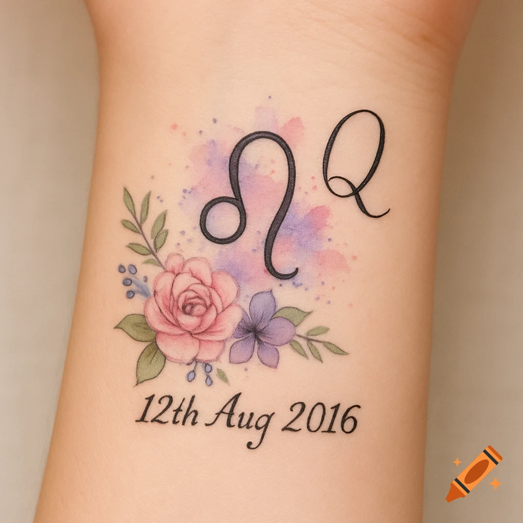 Close-up of a delicate wrist tattoo featuring a Leo glyph, letter Q, pink rose, purple flowers, watercolor splash, and the date 12th Aug 2016.