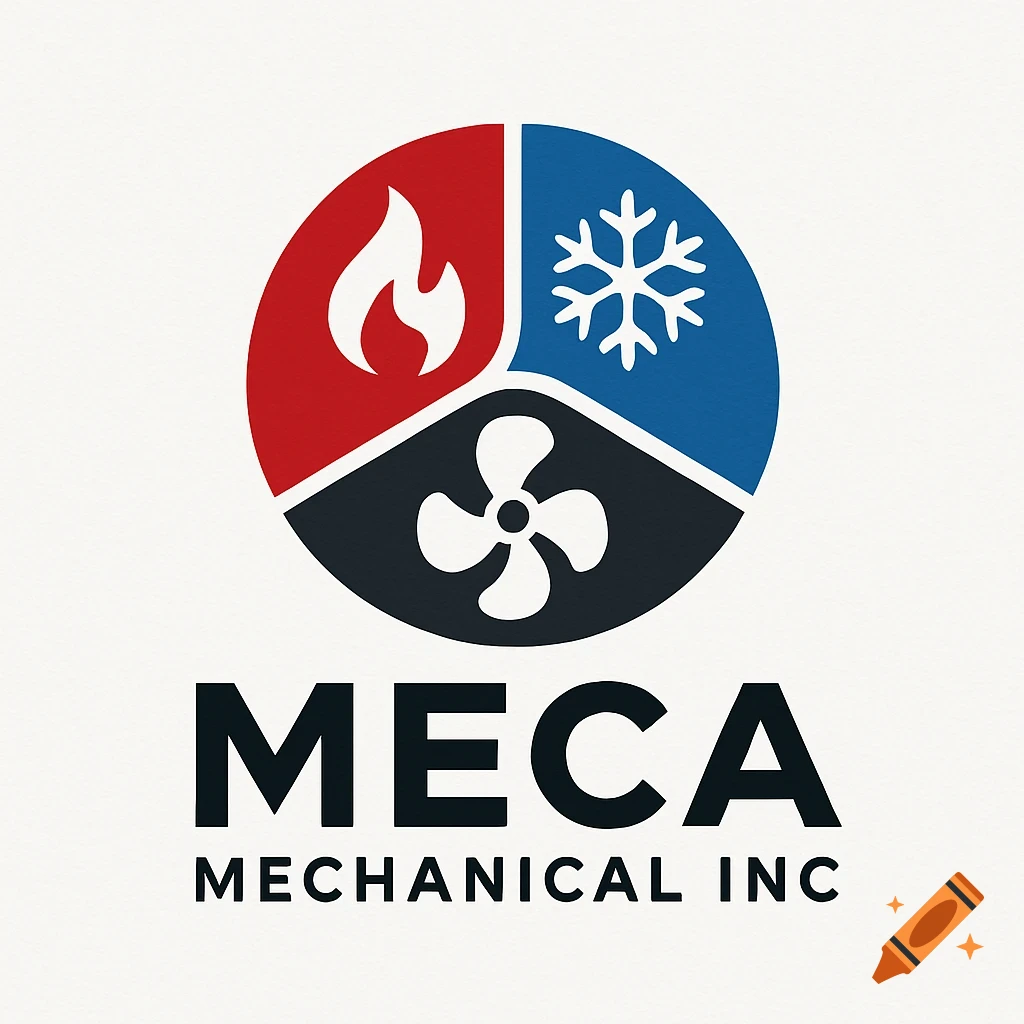 A circular HVAC logo with a flame, snowflake, and fan icon, and the text MECA MECHANICAL INC.