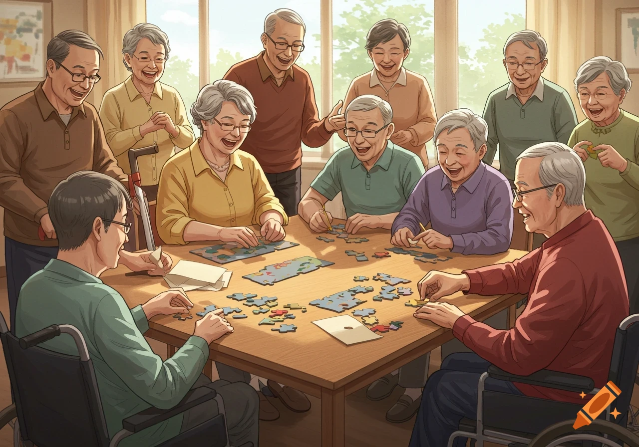 A group of smiling senior adults, some in wheelchairs, are gathered around a table, happily assembling a map puzzle in a bright, illustrative style.