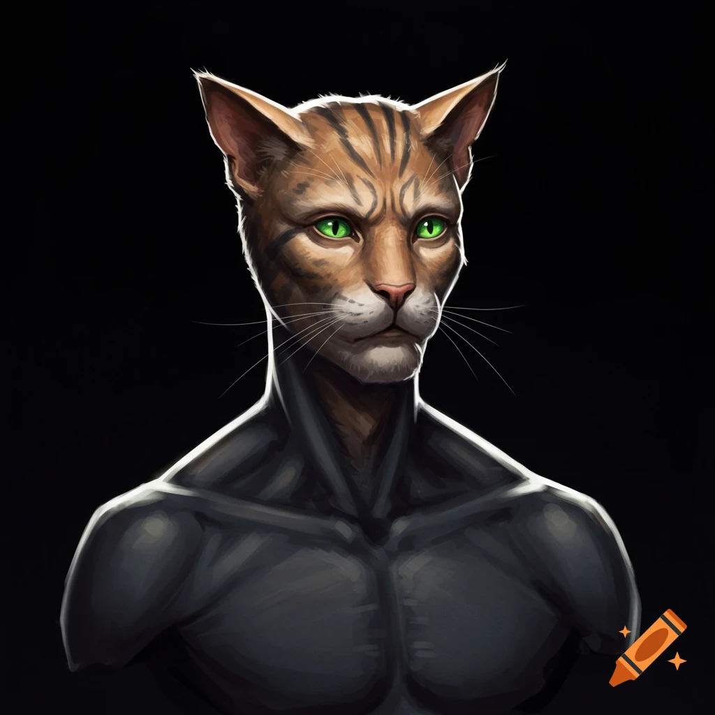 An anthropomorphic cat-like creature with green eyes and brown striped fur, depicted as a muscular humanoid bust with a black, form-fitting top, against a dark background. No whiskers are visible near the nose.