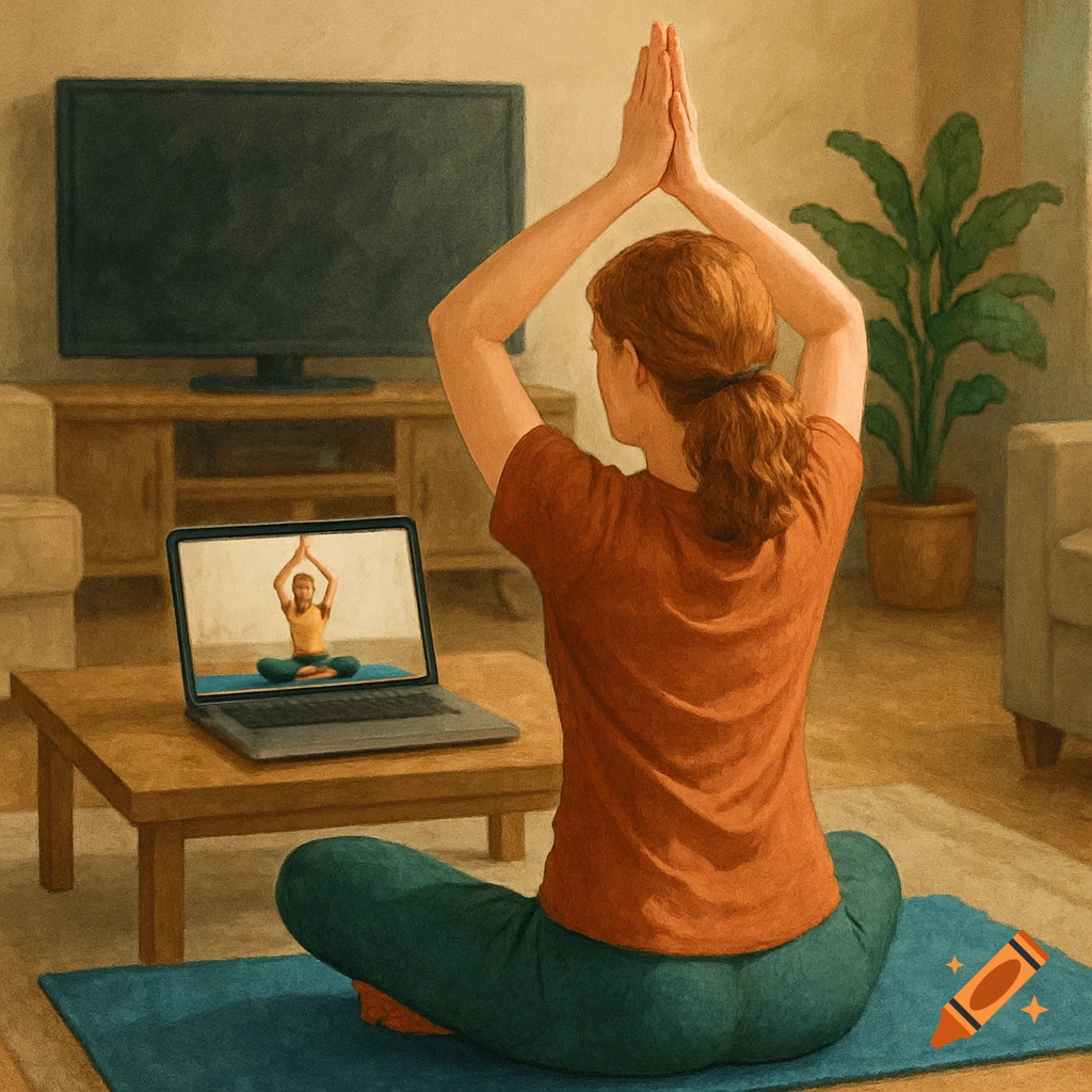 A woman in a rust-colored shirt and green pants practices yoga at home, hands in prayer pose above her head, watching an instructor on a laptop.