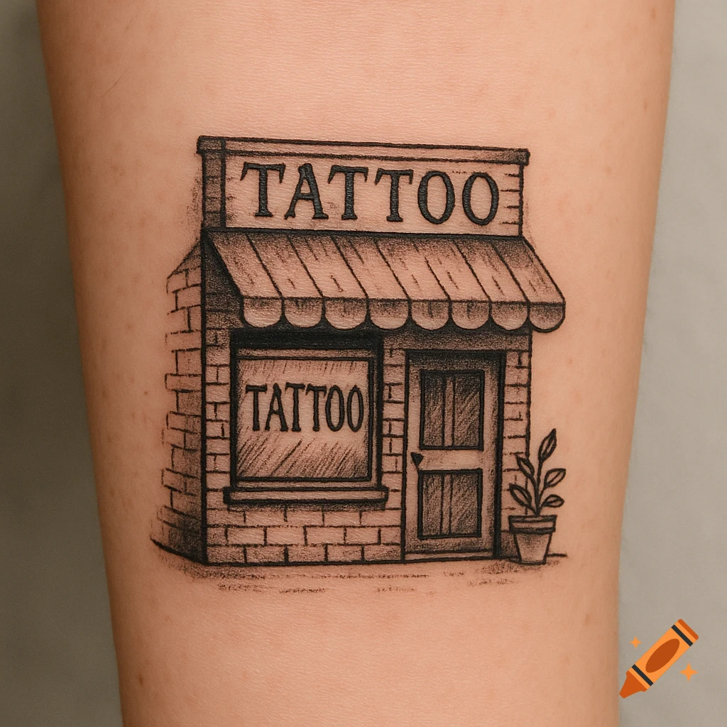 Black and white line art tattoo of a small tattoo shop on a person's skin.