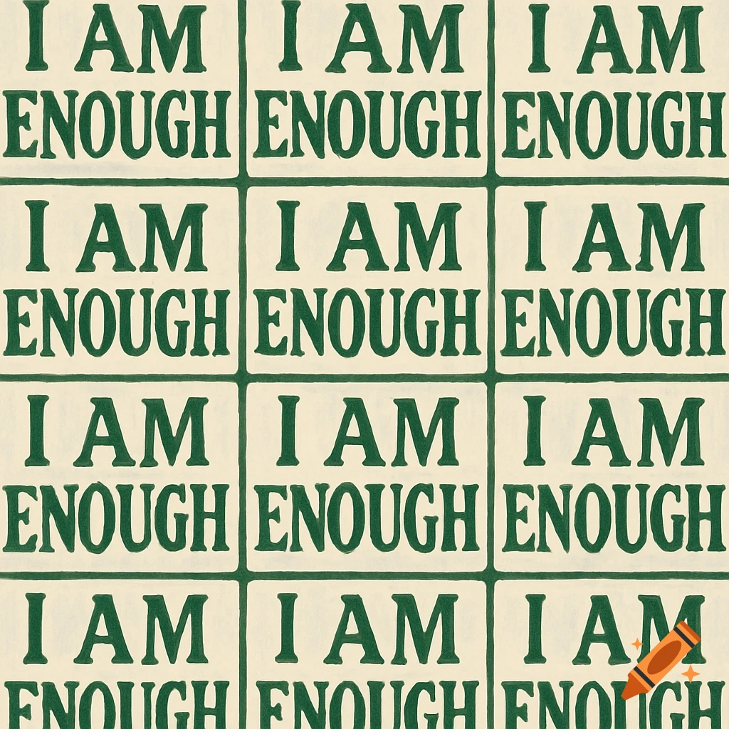 A repeating tile pattern of white squares, each containing the dark green text 'I AM ENOUGH'.