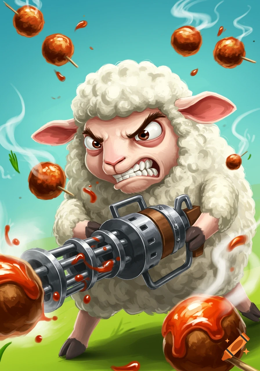 An angry cartoon sheep holds a minigun, firing meatballs in a vibrant illustration.