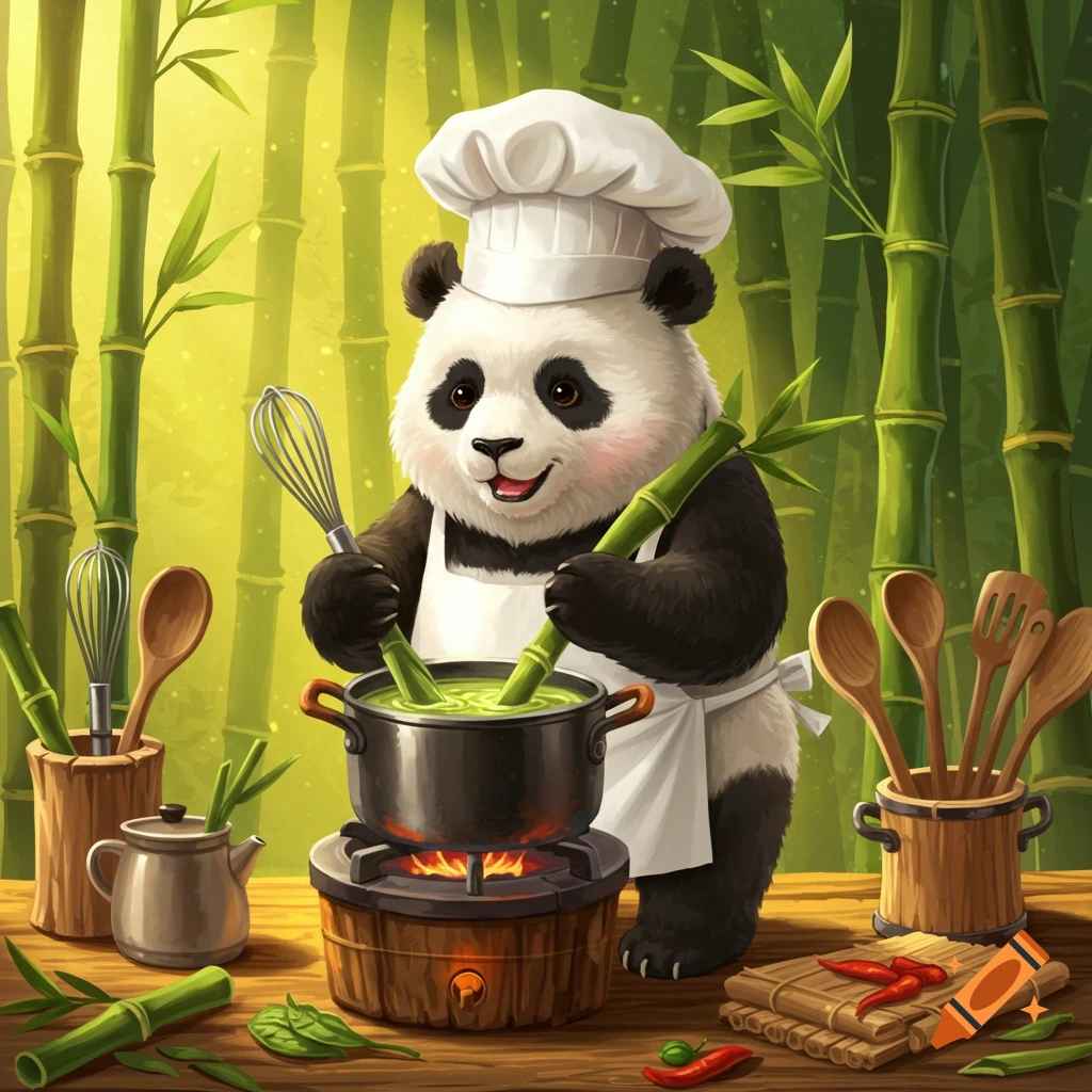 A happy cartoon panda chef wearing a white hat and apron cooks in a pot with bamboo shoots, surrounded by bamboo forest and kitchen utensils.