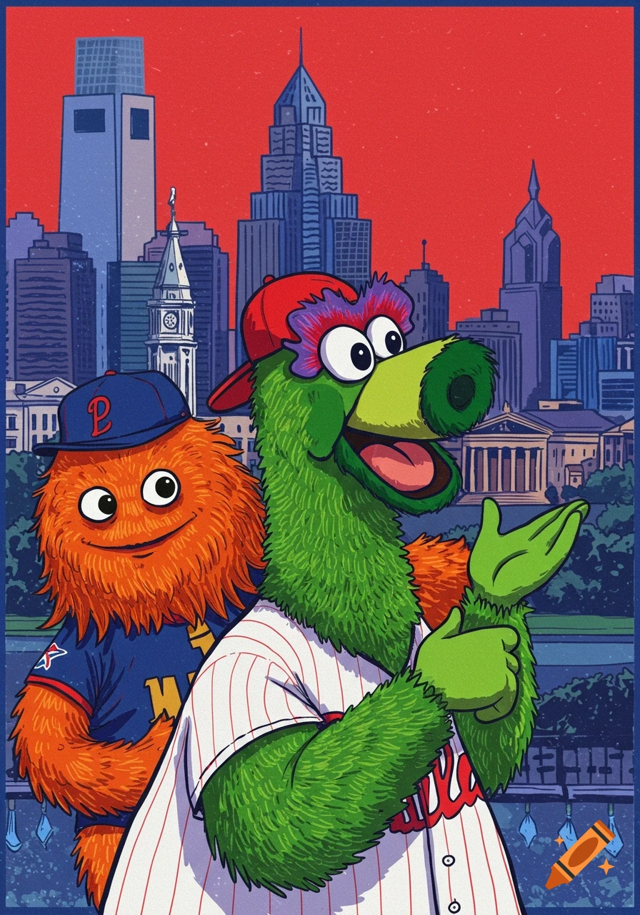 Cartoon illustration of the Philly Phanatic and Gritty standing in front of the Philadelphia city skyline.