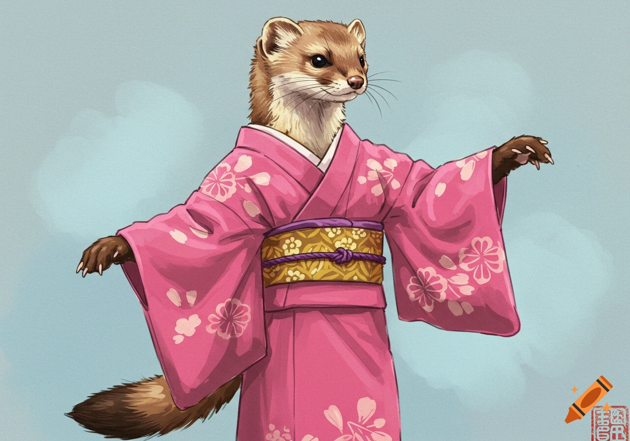 Illustration of a stoat wearing a pink kimono with white cherry blossom patterns, standing against a light blue background.
