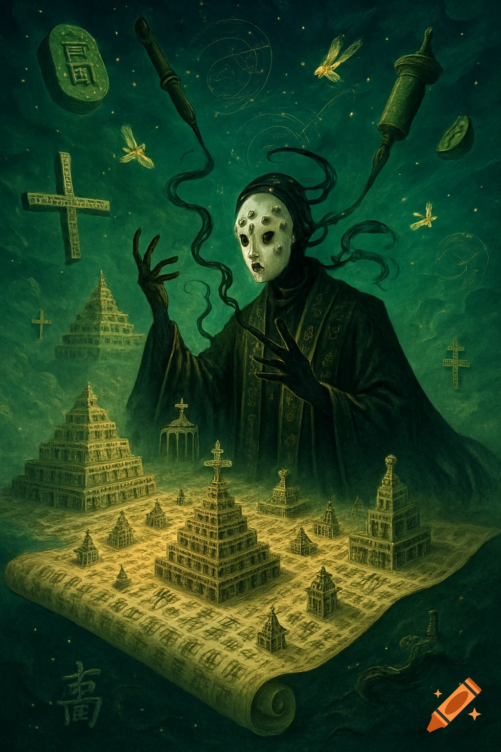 A surreal, dreamlike scene with a masked figure featuring multiple eyes, standing over a scroll with fractal pyramids and text. Floating jade seals, ink brushes, and crosses are in the emerald green sky.
