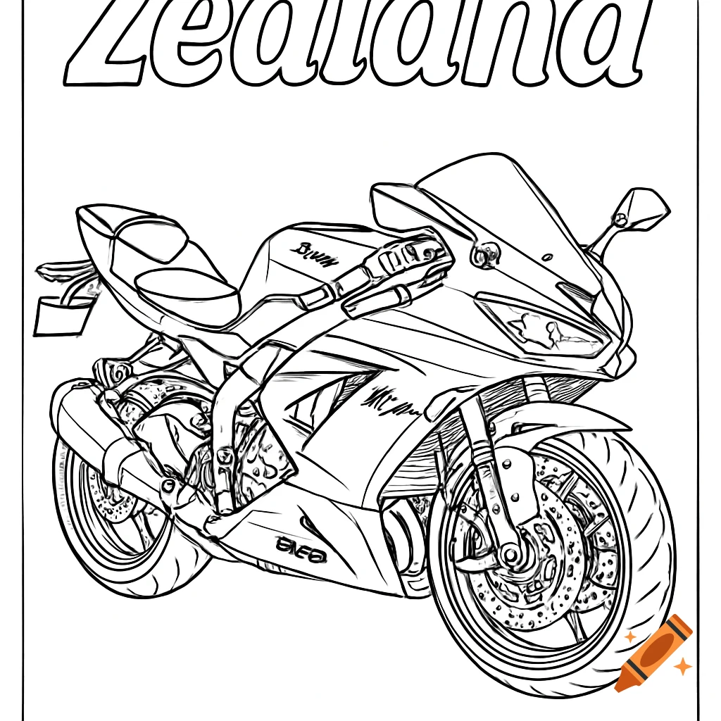 Black and white coloring page outline of a sport motorcycle with the word 'Zealand' at the top.