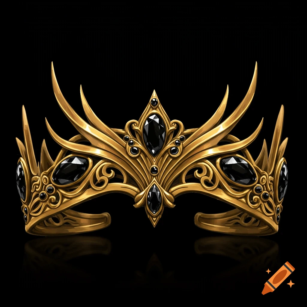 An ornate gold crown with black jewels sits on a dark surface, reflecting light.