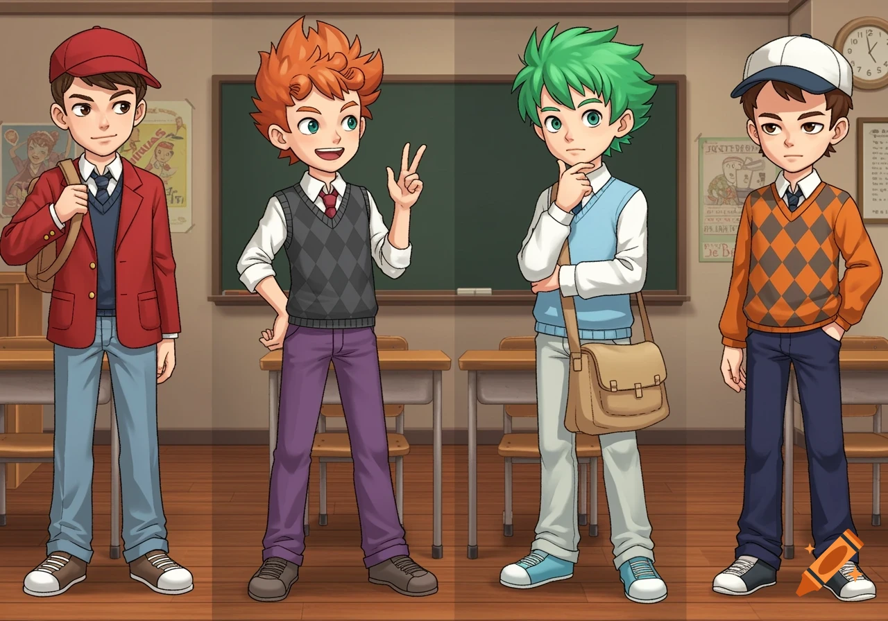 Four stylized cartoon boys in school uniforms stand in a classroom with desks and a chalkboard.