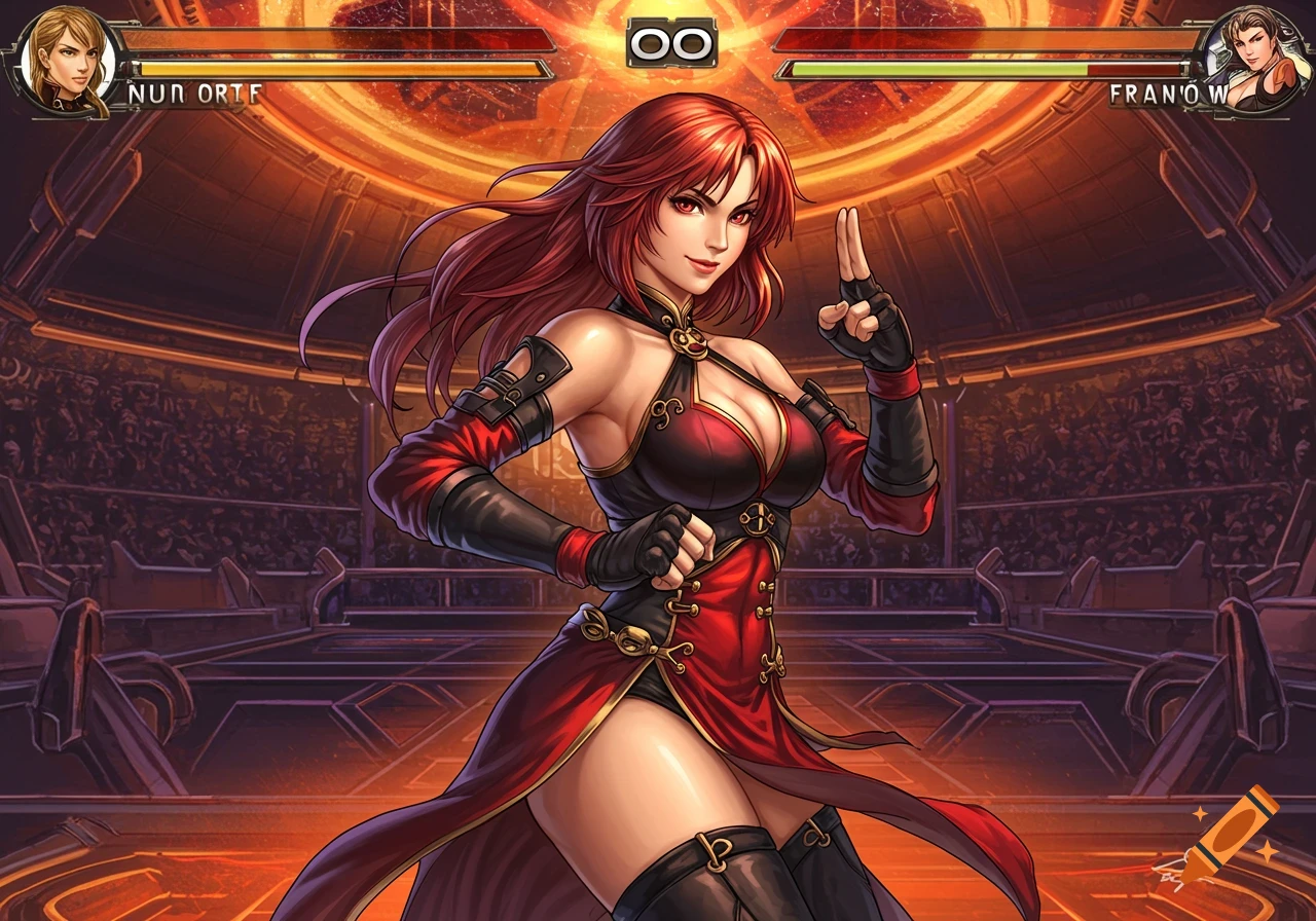 A female fighting game character with long red hair and a red and black outfit, posing in an arena.