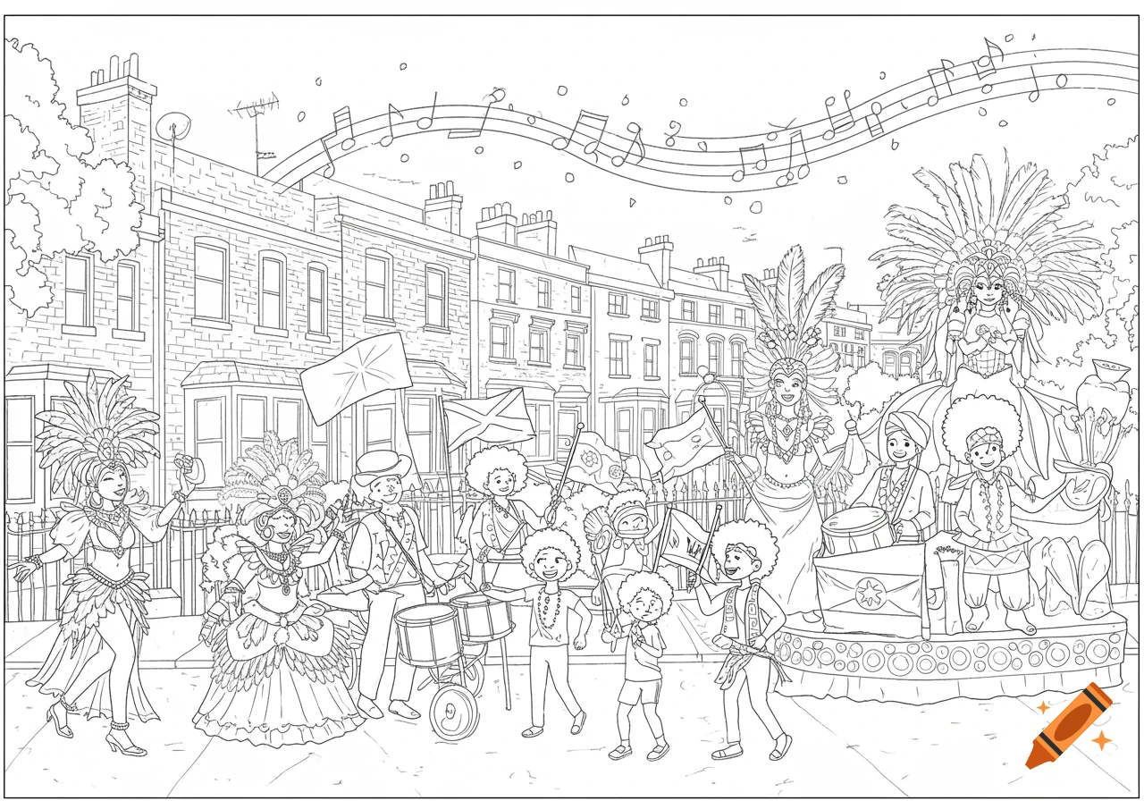 Black and white line art of a joyful carnival parade with Caribbean dancers, a steel pan band, children waving flags, and a float in front of London row houses, with music notes in the sky.