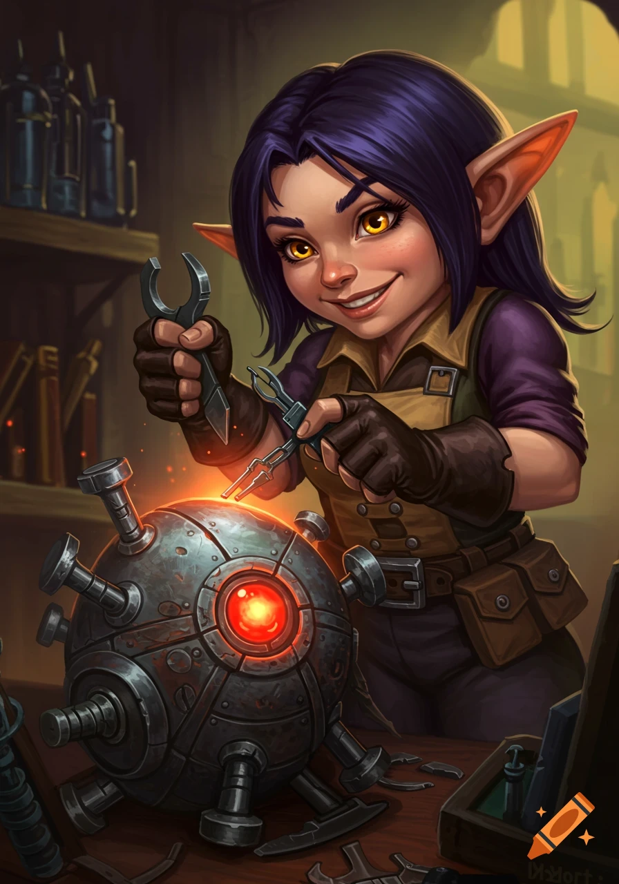 A female gnome with dark purple hair and amber eyes tinkering with a glowing mechanical orb in a workshop, digital art.