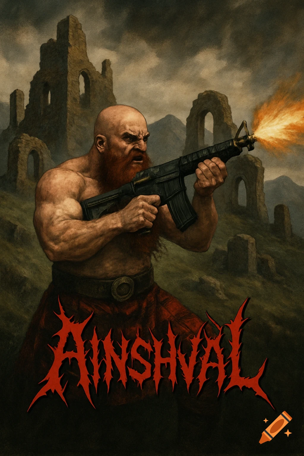 A bald, muscular man with a large red beard in a kilt fires an assault rifle in front of ruined stone structures, with 'AINSHVAL' text below.