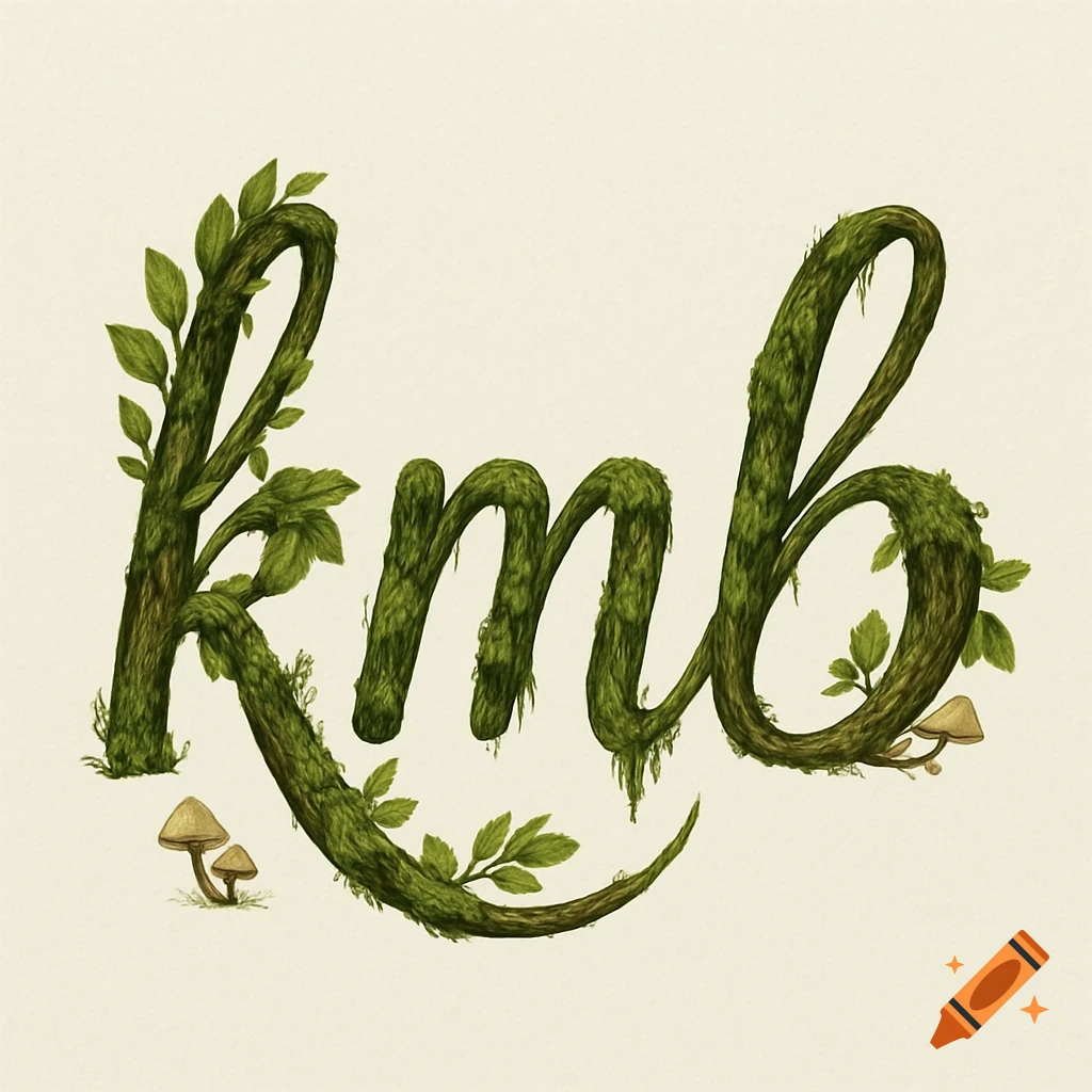 Cursive Kmb initials rendered in green moss and leaves, with small mushrooms at the base, on a light background.