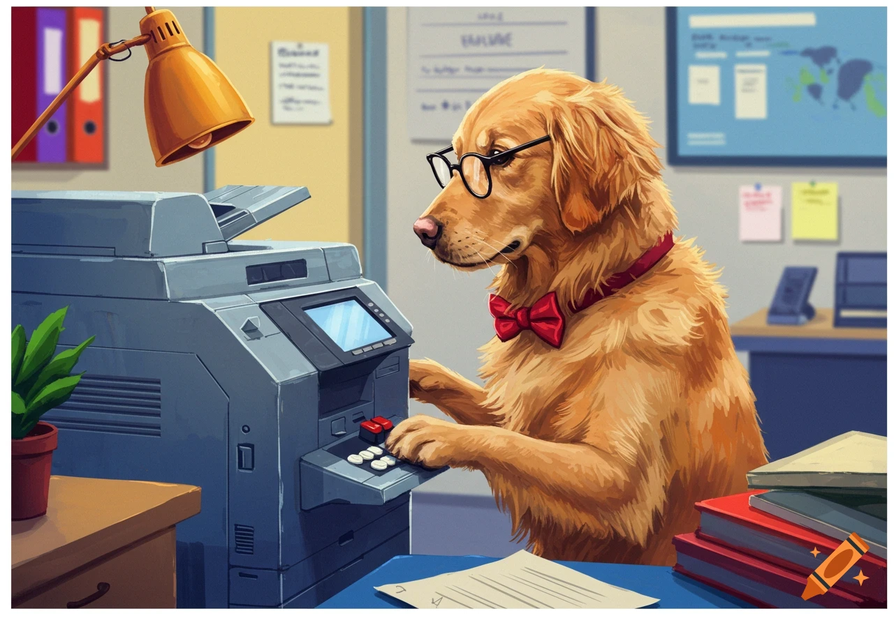 A golden retriever wearing glasses and a red bow tie stands at a copier machine in an office, pressing buttons.