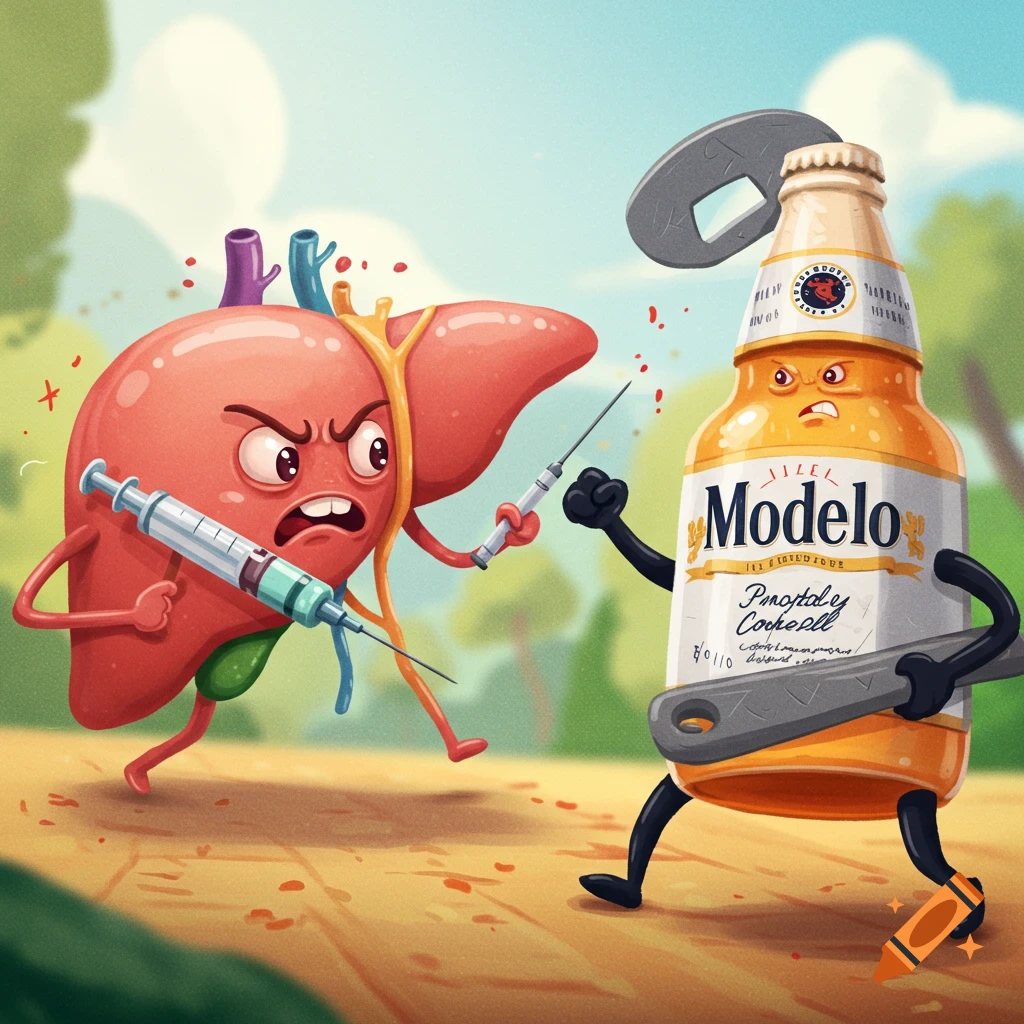 A cartoon liver holding a syringe fights a cartoon Modelo beer bottle holding a wrench, in a bright outdoor setting.