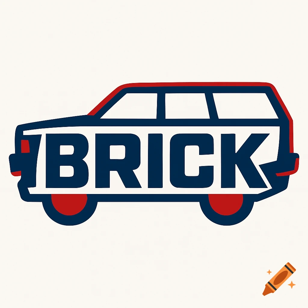 A minimalist logo featuring a blue and red car silhouette with the word 'BRICK' inside.