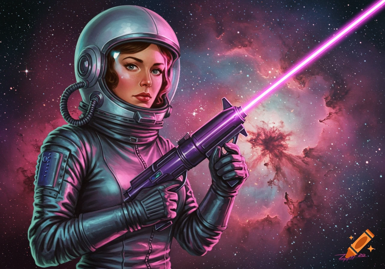 A retro sci-fi art piece depicting a woman in a space suit firing a pink laser gun against a cosmic nebula background.