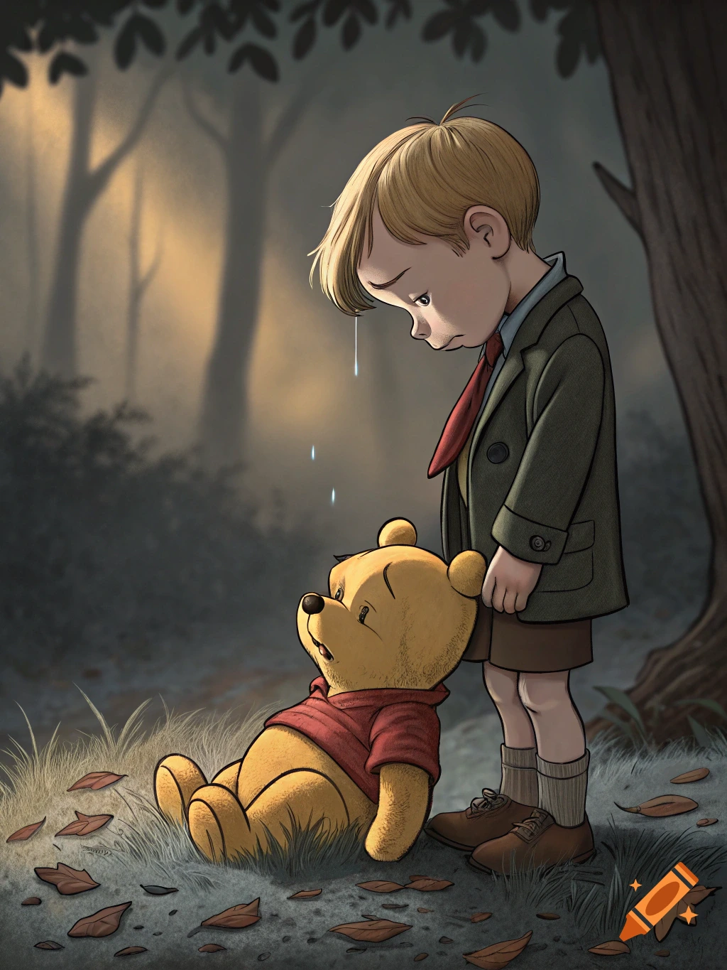 A sad Christopher Robin crying over a limp Winnie the Pooh in a gloomy forest, in an illustrated style.
