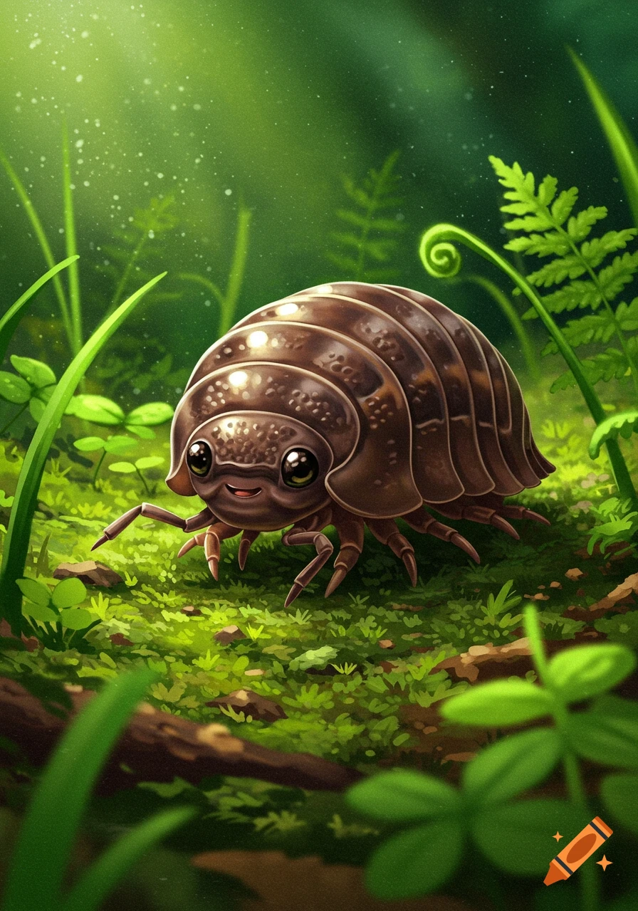 A cute, stylized illustration of a happy pill bug smiling on lush green forest ground amidst grass and ferns.