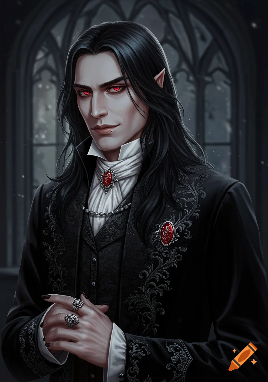 A male vampire with long black hair, red eyes, and pale skin wears a black aristocratic suit with ornate details, against a gothic window.