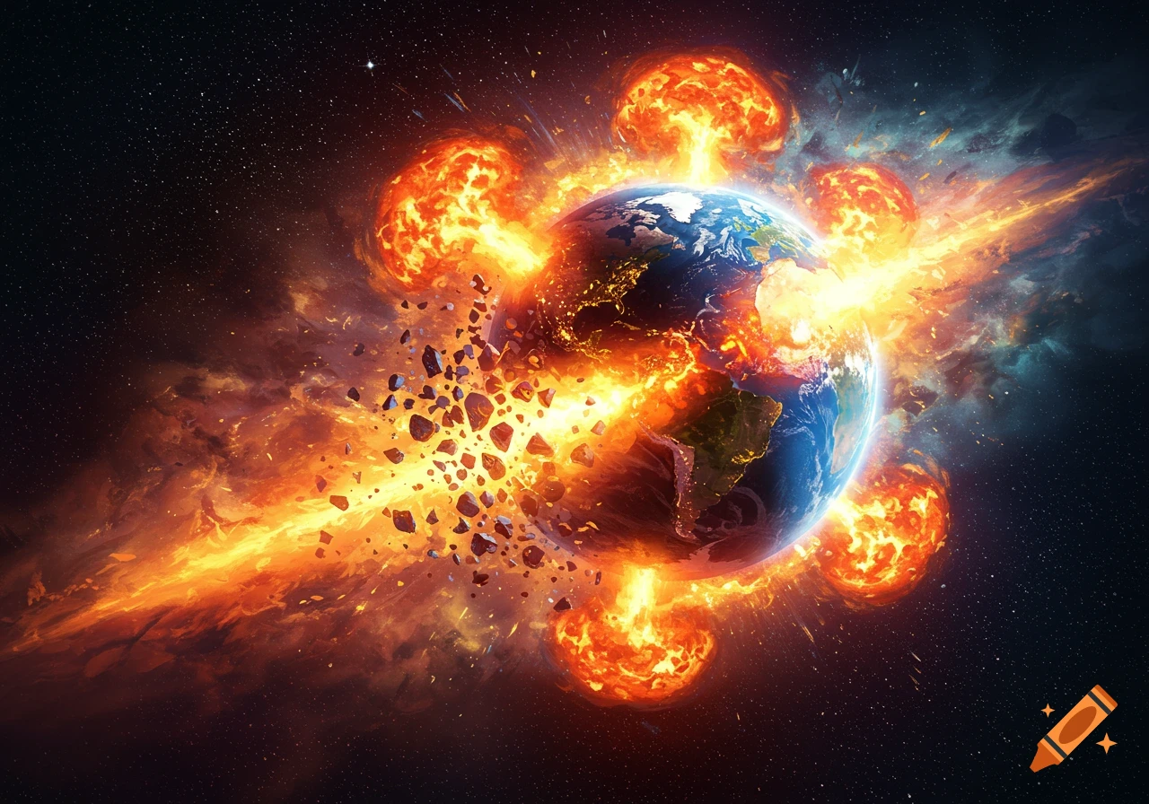 A vibrant image of the Earth engulfed in massive explosions, spewing debris and fire into space.
