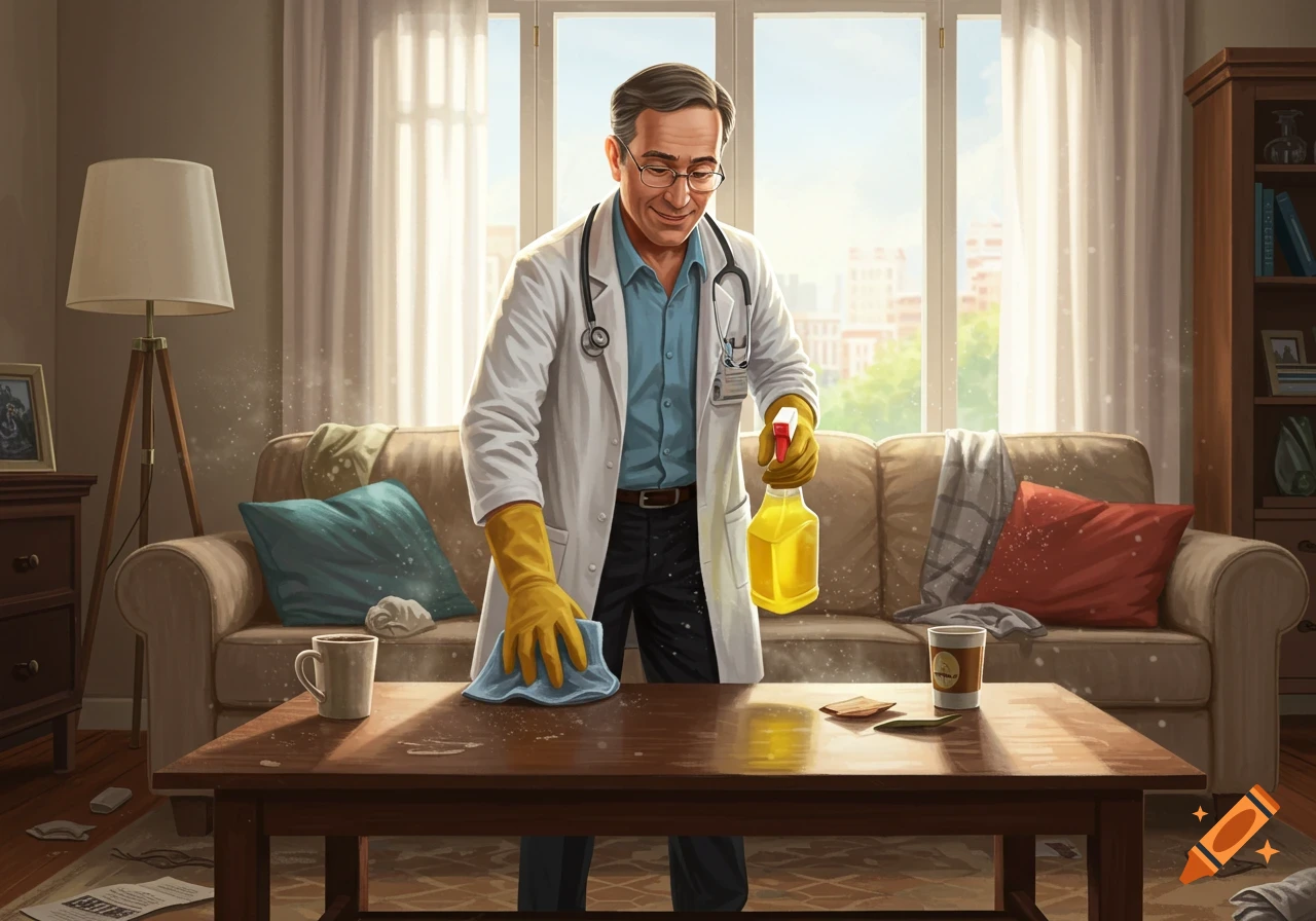 A male doctor in a lab coat and yellow gloves cleans a dusty wooden coffee table in a sunlit living room.
