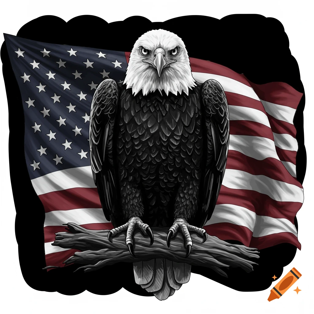 An intense bald eagle perches on a branch in front of a waving American flag, rendered in a graphic illustration style.