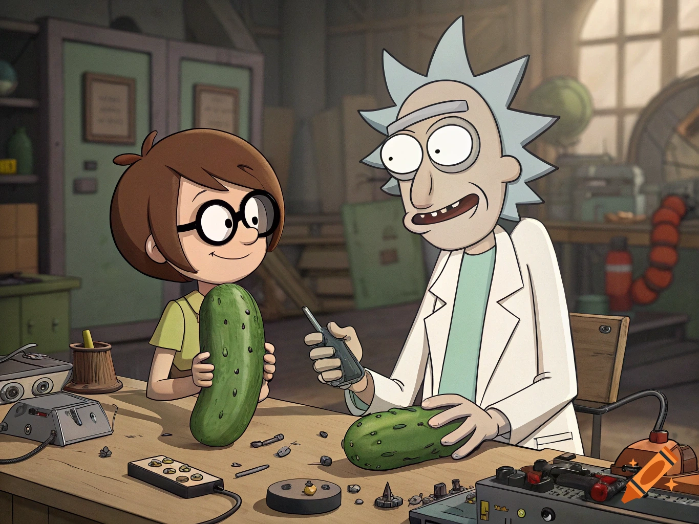 Rick Sanchez and a young cartoon character hold pickles on a cluttered workbench in a laboratory, in an animated style.