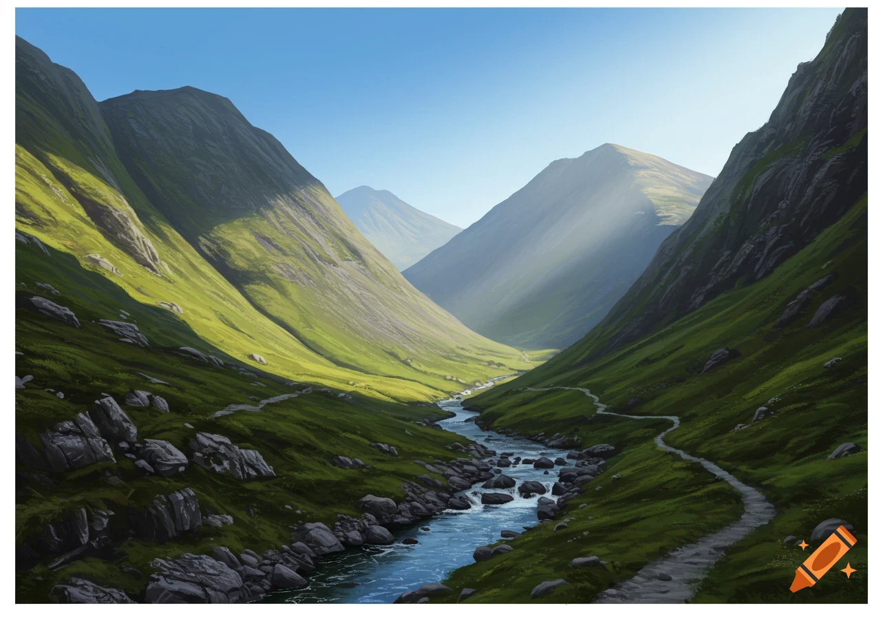 A verdant mountain valley with a winding river and a path under a clear blue sky, bathed in sunlight.