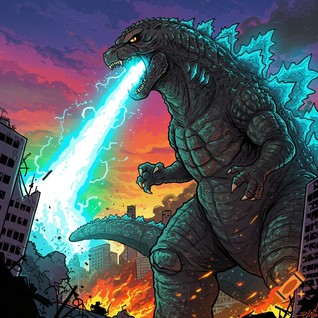 Godzilla, a giant monster, roars and blasts blue atomic breath at a city burning at sunset, in a vibrant comic art style.