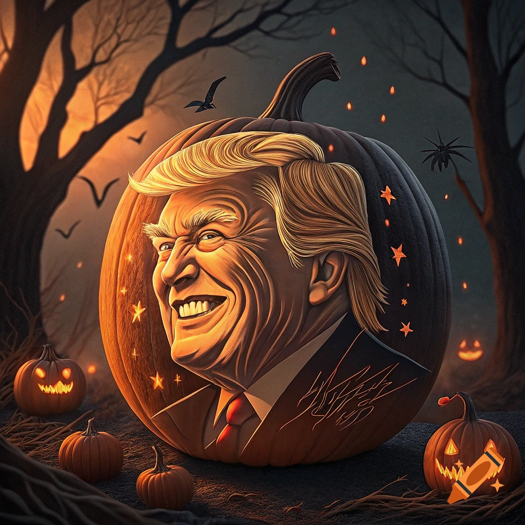 A Donald Trump-faced jack-o-lantern glowing in a spooky Halloween forest with bats, stars, and smaller pumpkins.