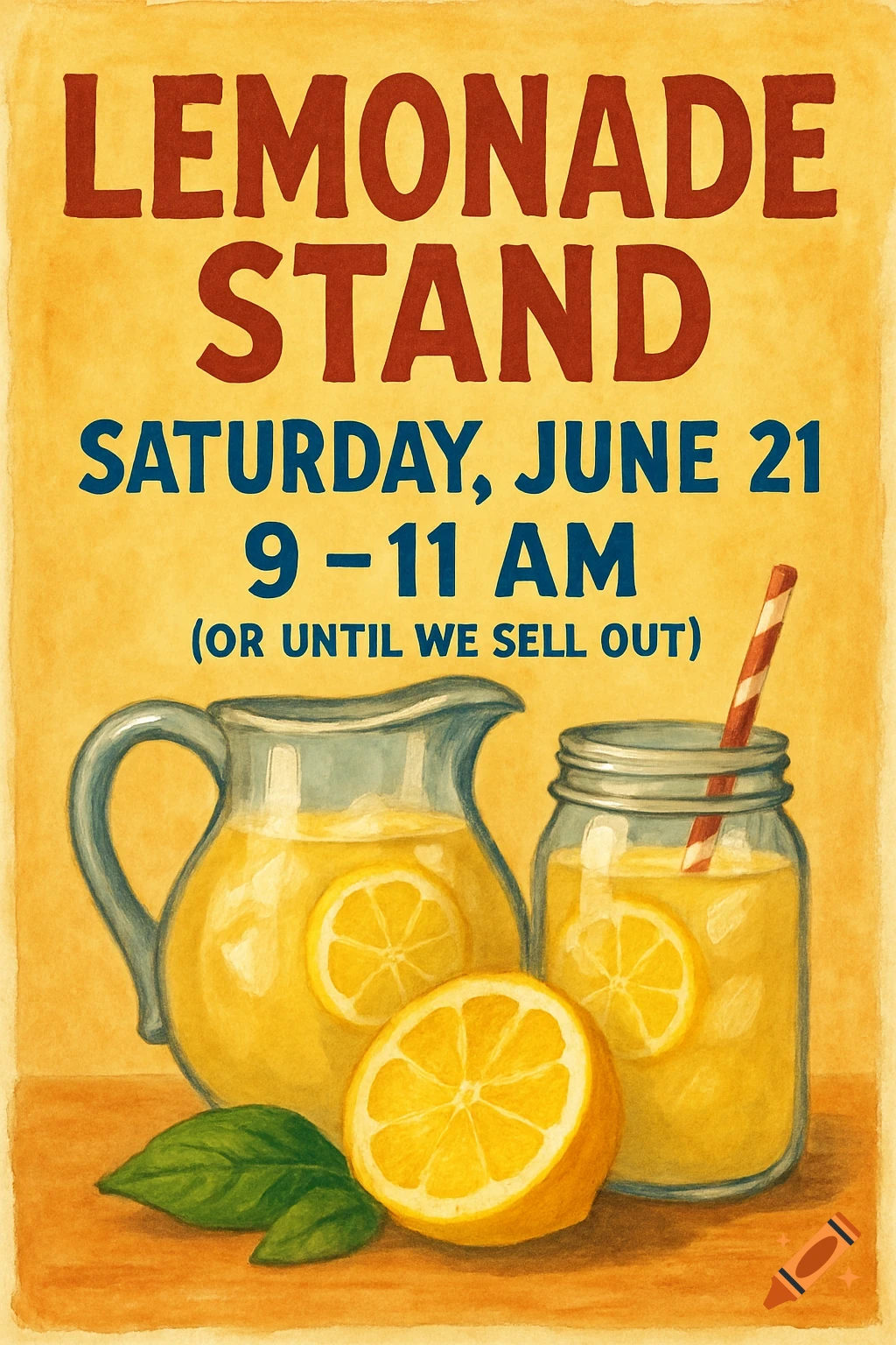 Watercolor poster for a lemonade stand featuring a pitcher, a mason jar of lemonade, lemons, and event details.