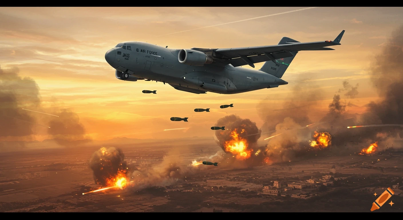 A C-17 Globemaster cargo plane flies through an orange sunset sky, dropping bombs that cause explosions and smoke over a landscape below.