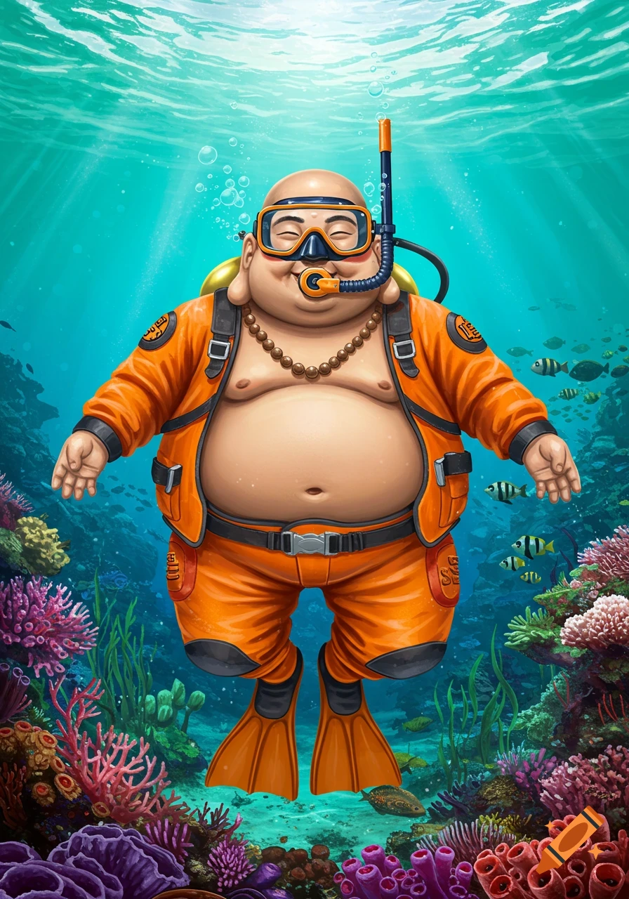 Cartoon Buddha in an orange scuba suit with mask and flippers, swimming underwater among colorful coral and fish.