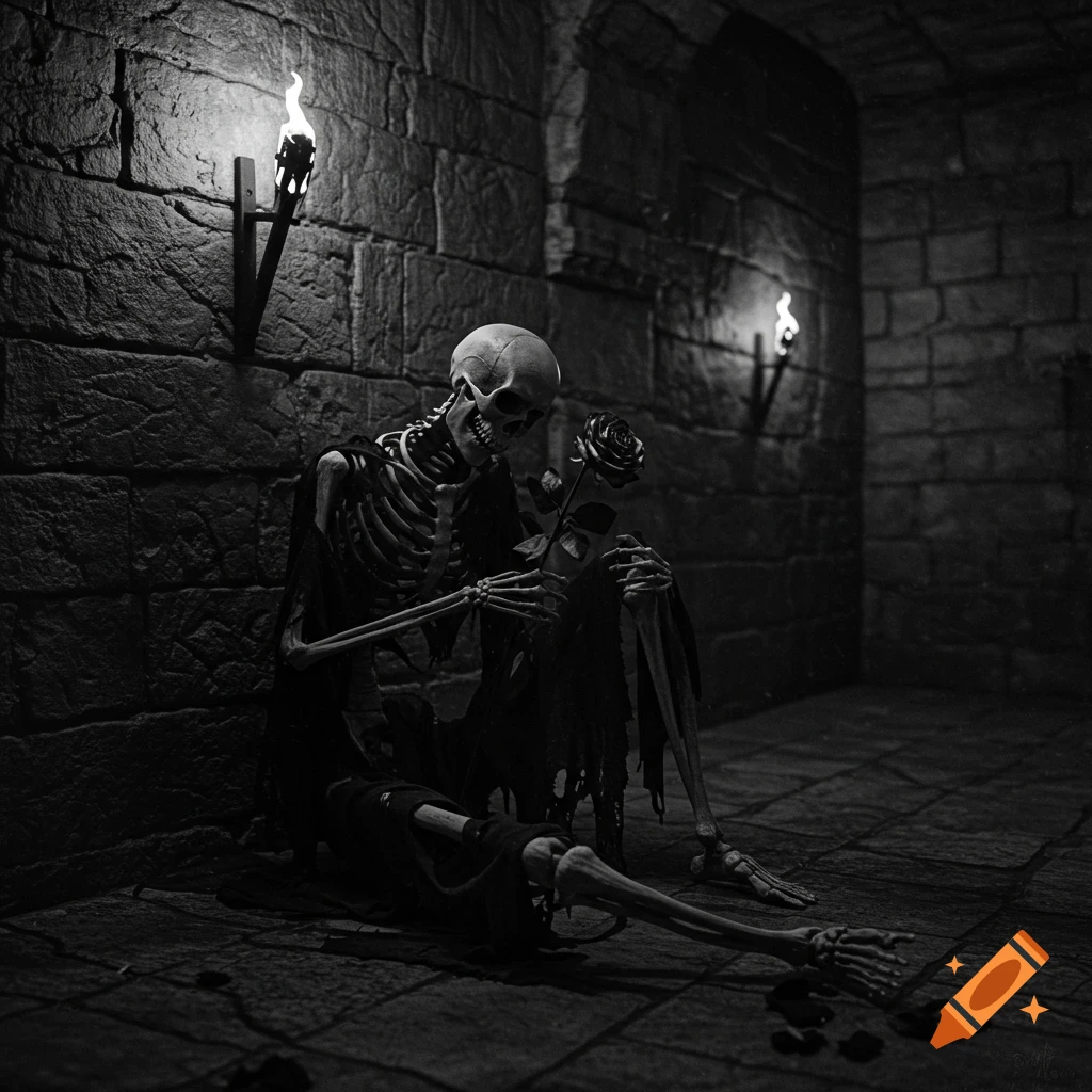 A melancholic black and white image of a skeleton holding a rose, sitting in a dimly lit dungeon with torches on the wall.