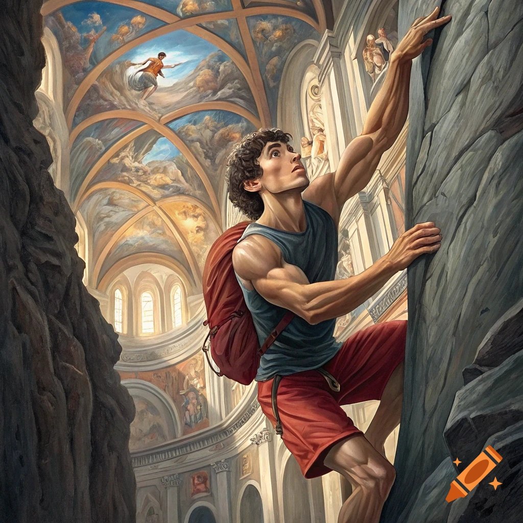 A male climber scales a rock face inside a grand, frescoed building in a classical art style.