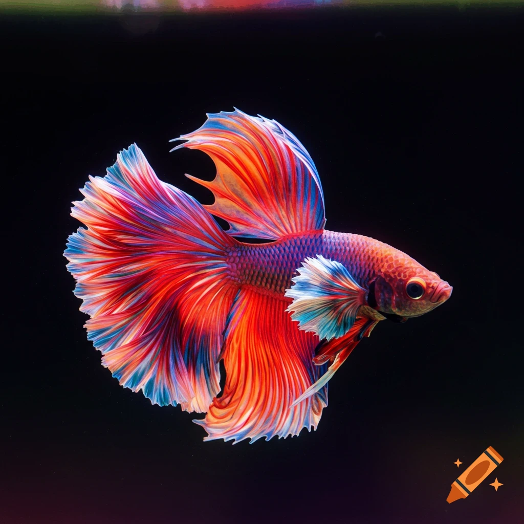A vibrant, colorful Siamese fighting fish with flowing fins swims against a dark background.