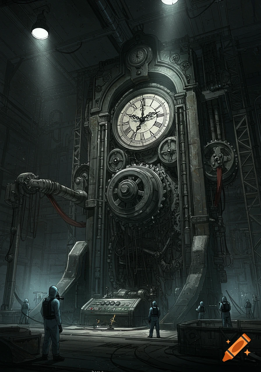 Several figures in hazmat suits observe a massive, intricately designed clockwork machine in a dark, industrial chamber, reminiscent of a steampunk style.
