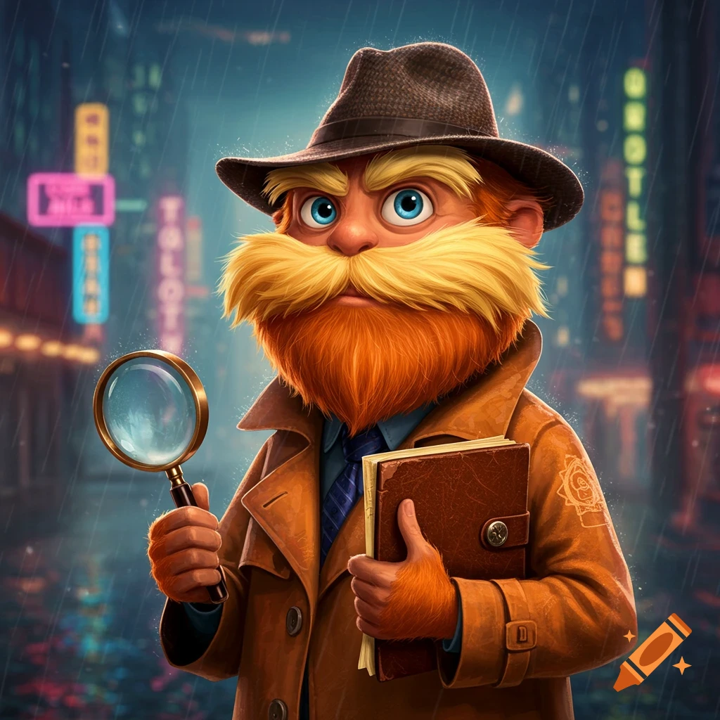 A cartoon detective resembling the Lorax with a trench coat and fedora holds a magnifying glass and book in a rainy city.