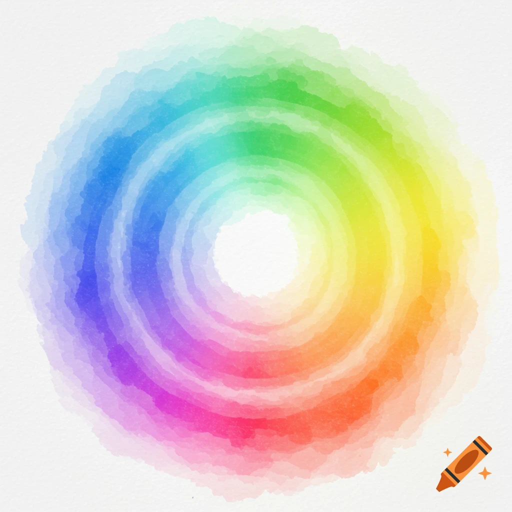 A vibrant rainbow watercolor swirl with concentric rings of color on a white background.