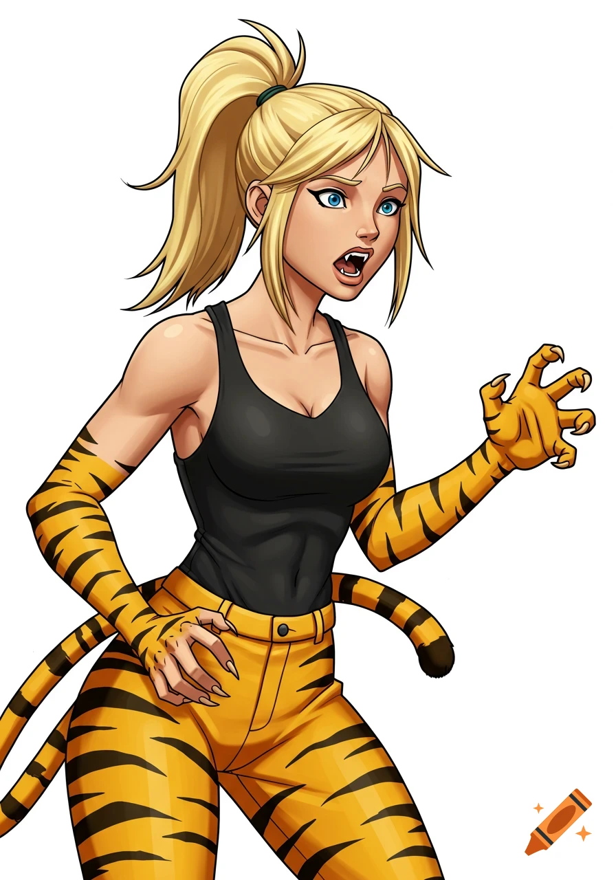 A blonde woman in a black tank top and tiger-striped pants transforms, revealing fangs, claws, and a tail, in a comic book style.