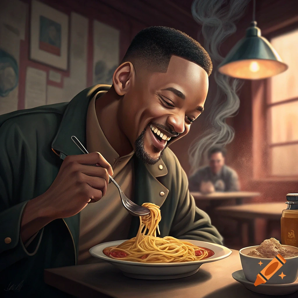 A photorealistic image of Will Smith happily eating pasta in a warm, dimly lit restaurant.
