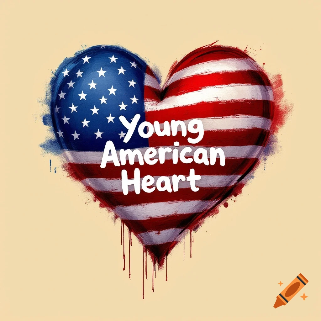 A heart-shaped American flag with red stripes and white stars, features the text 'Young American Heart' in white, with paint drip details on a light background.