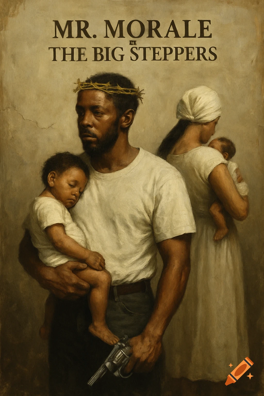 A painting of a man wearing a crown of thorns holding a child and a gun, with a woman and child behind. Text reads 'MR. MORALE THE BIG STEPPERS'.
