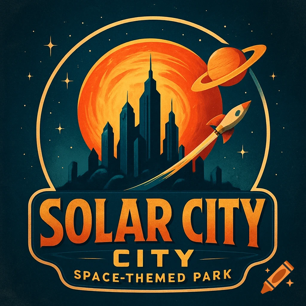 Retro-futuristic logo for Solar City Space-Themed Park, with a cityscape silhouette, orange sun, ringed planet, and rocket against a starry sky.