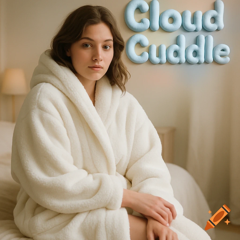 A young woman in a fluffy white robe sitting in a softly lit bedroom, with 'Cloud Cuddle' text in the top right.